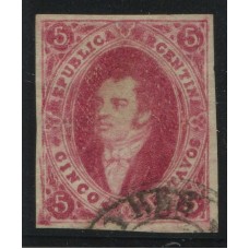 ARGENTINA 1867 GJ 32 RIVADAVIA ESTAMPILLA DE 7ma TIRADA CON 4 MARGENES BIEN GRANDES Y SUAVE MATASELLO HERMOSO EJEMPLAR CON VARIEDAD EN EL MARCO INFERIOR IZQUIERDO, DE LUJO U$ 120 +